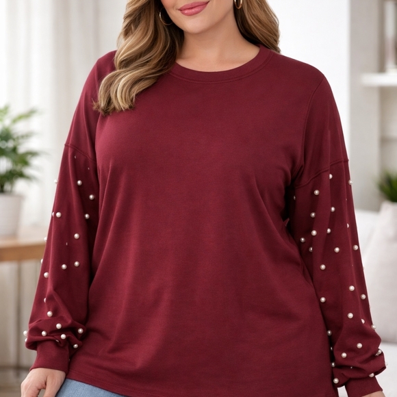 jingle belles Tops - Women’s Pearl-Embellished Long Sleeve Top - Burgundy